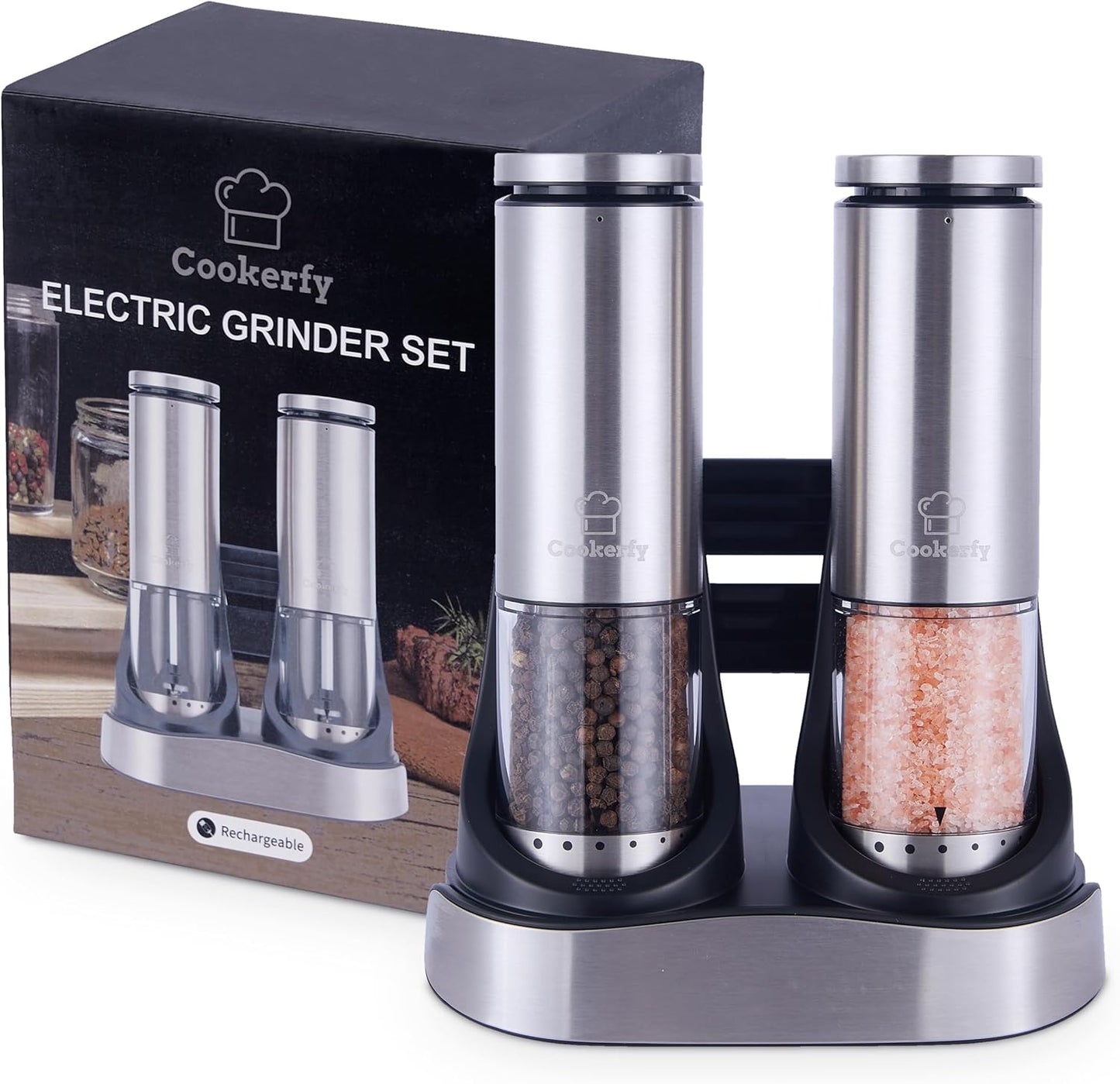Skiennix Electric Salt and Pepper Grinder Set - Rechargeable, Stainless Steel, LED Light, 95ml Capacity
