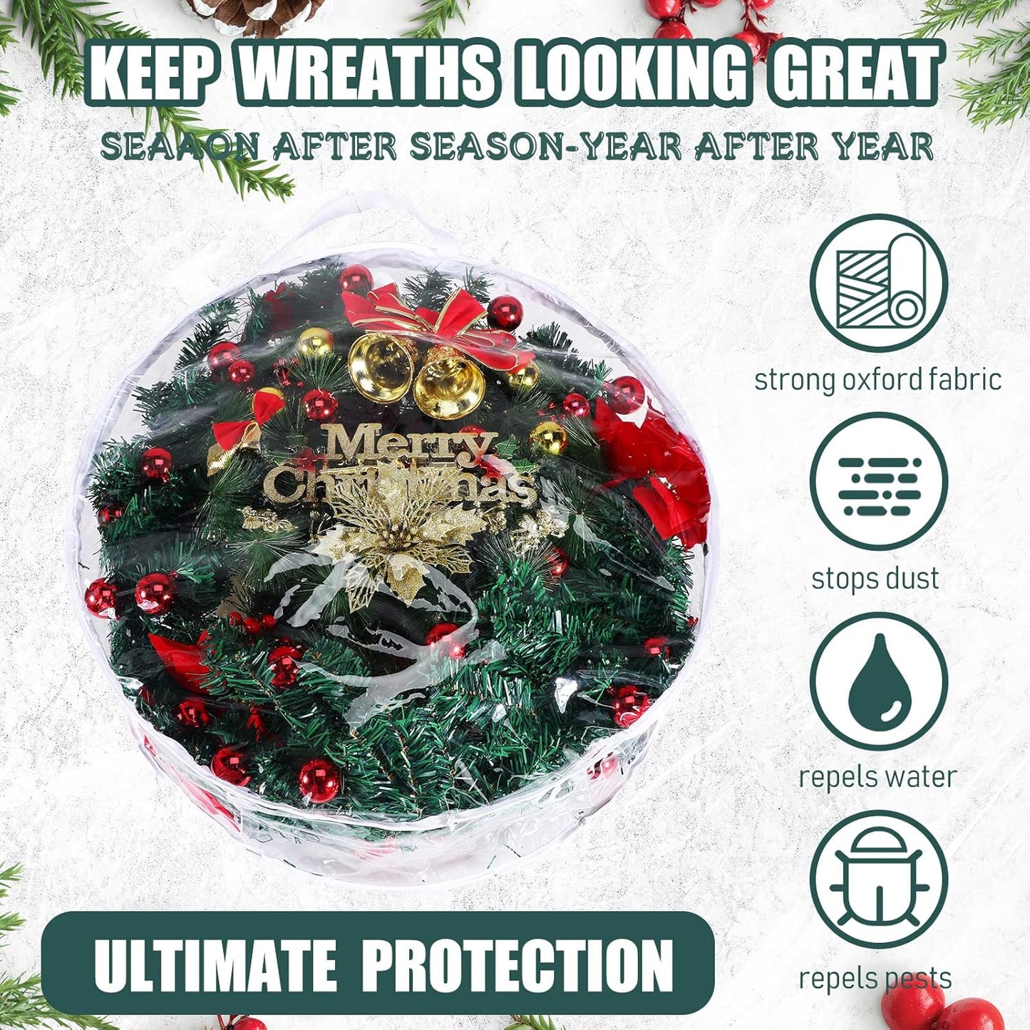 Shappy Clear Christmas Wreath Storage Container - 24 Inch Bag with Dual Zippers & Reinforced Handles