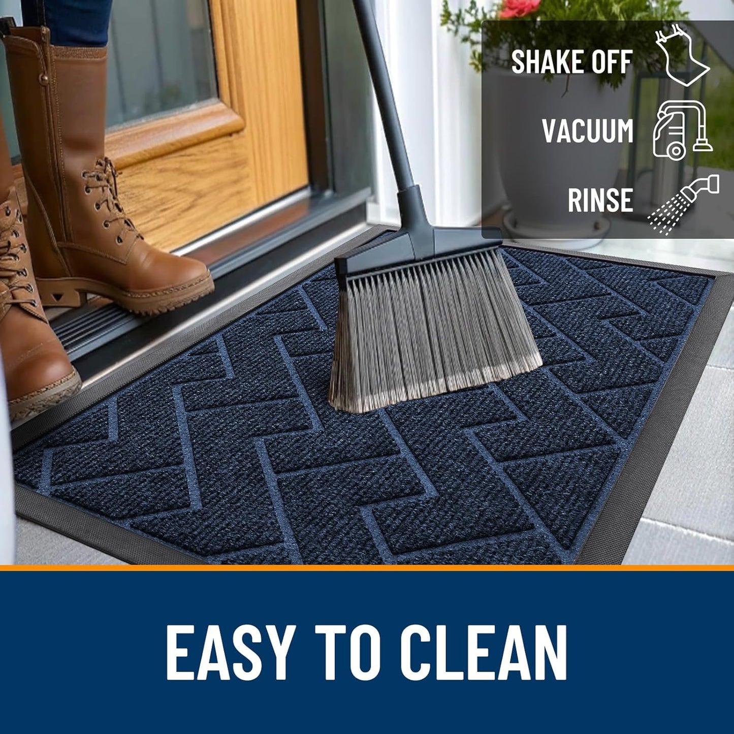 OLANLY Waterproof Front Door Mat - All-Season Indoor/Outdoor Herringbone Design | Easy Clean, 47x32 (Blue)