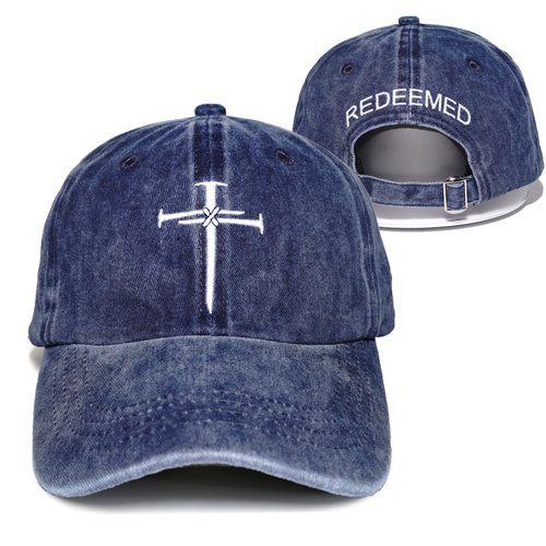 Giavuwn Christian Redeemed Cross Nails Hats for Men Women, Vintage Adjustable Cotton Embroidered Front & Back Baseball Cap, Gift for Christian-Navy