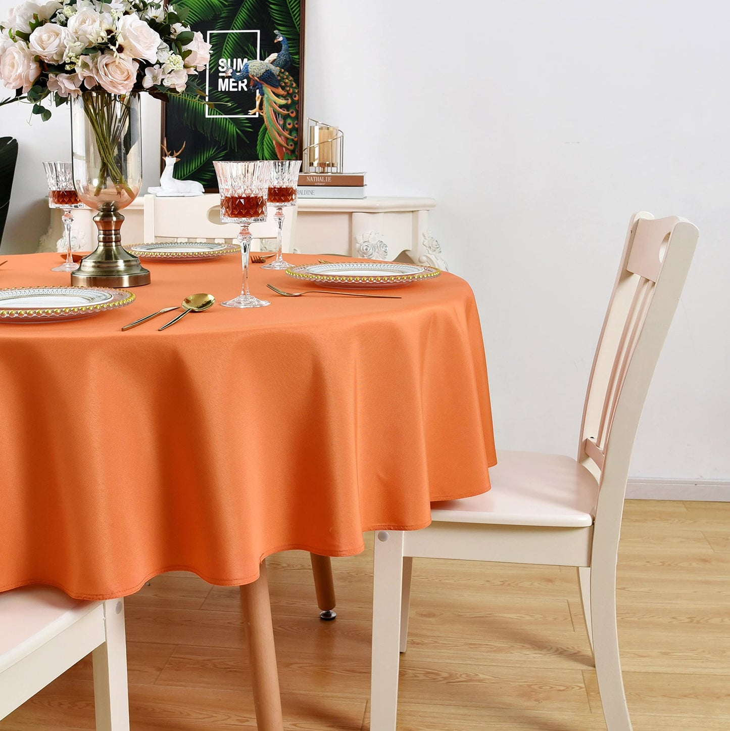 KAIPHO Orange Round Tablecloth Waterproof Stain Resistant Wrinkle Free Table Cloth 210GSM Polyester Washable Wipeable Table Cover for Party, Banquet, Wedding, Indoor and Outdoor use (70 inch, Circle)