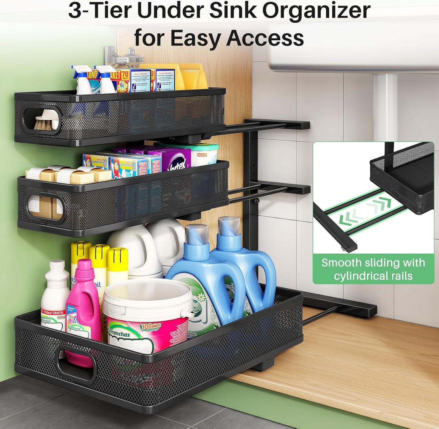 Kitstorack Under Sink Organizer - 2-Pack Adjustable Metal Cabinet Shelf | Slide-Out Storage for Bathroom & Kitchen