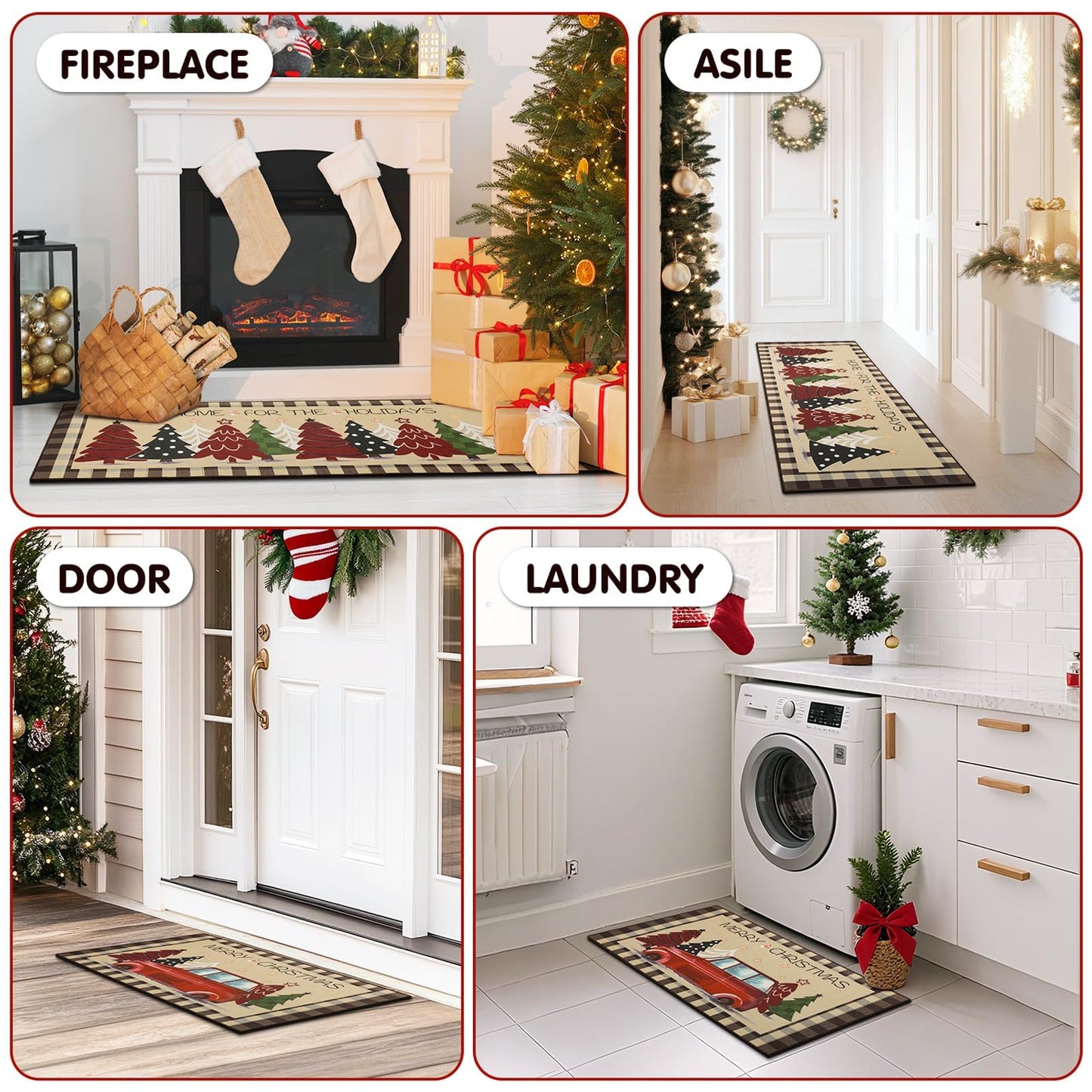 StepRite Kitchen Mats for Floor, 2 PCS Christmas Kitchen Rugs, Non-Slip Bottom with Christmas Tree Print, Low-Profile Mat for Home, Office, Sink, Kitchen,Hallway,Holiday Decor(17”x30”+17”x47”-Brown)