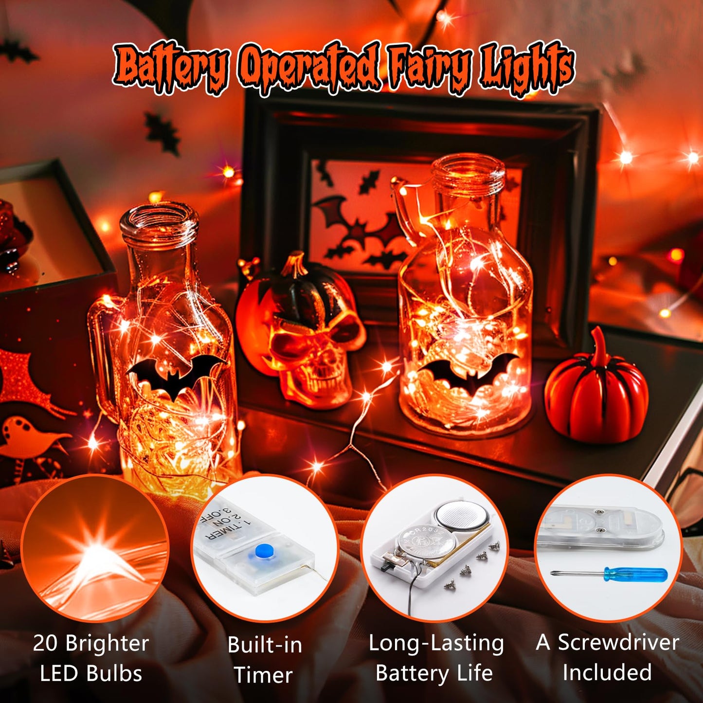Minetom 6 Pack Orange Fairy Lights Battery Operated with Timer - 7ft 20 LED Waterproof Short Micro Firefly Lights for Halloween Decor, Pumpkin DIY Craft, Paper Lantern Decoration