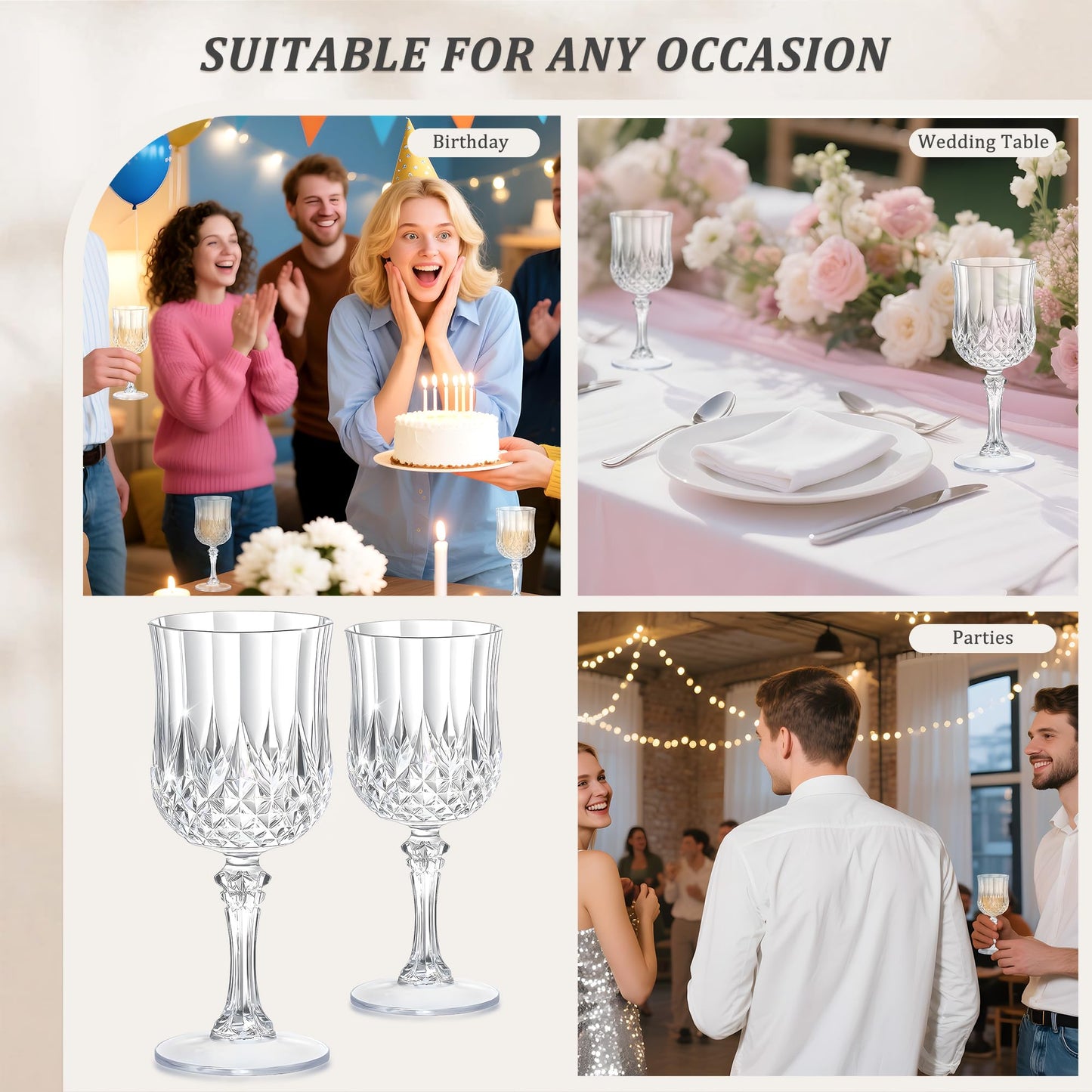 HTTBEIZI 7OZ Plastic Wine Glasses, Reusable Vintage Goblets Unbreakable Drinking Glasses Crystal Water Cups Champagne for Wedding, Parties (24, Clear)