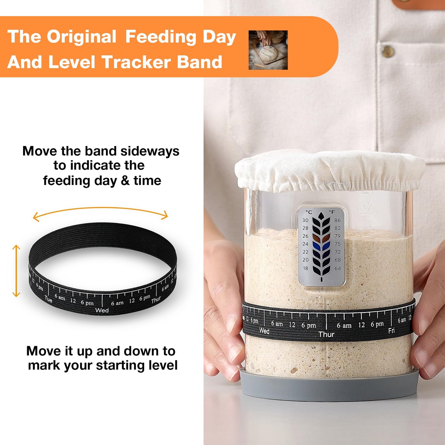 Premium Pro Sourdough Starter Jar Kit - 40oz Large Wide Mouth Sourdough Bread Jar with Marked Feeding Band, Thermometer, Scraper, Cloth Cover and Silicone Lid/Base, Glass Container, Baking Supplies