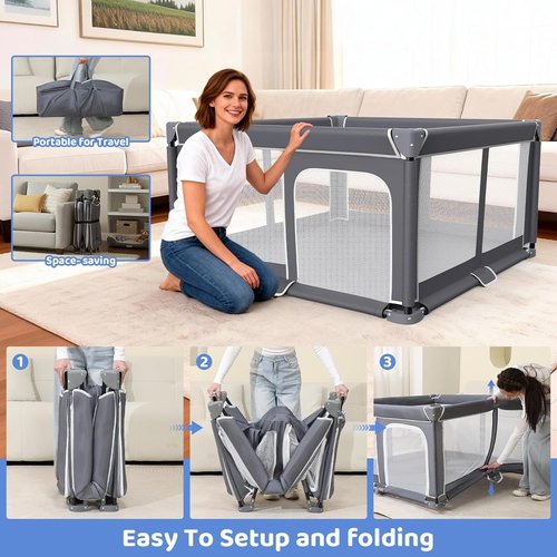 Foldable Baby Playpen - 50"x50" Portable Safety Play Yard for Babies & Toddlers - Indoor/Outdoor Use, Dark Gray