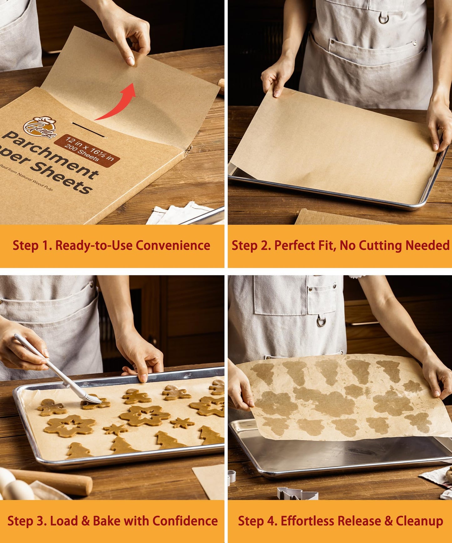 200 Pcs Parchment Paper Baking Sheets, 12x16.5 Inches Non-Stick Precut Baking Parchment, for Baking Cooking Cookie Bread and Air Fryer - Unbleached
