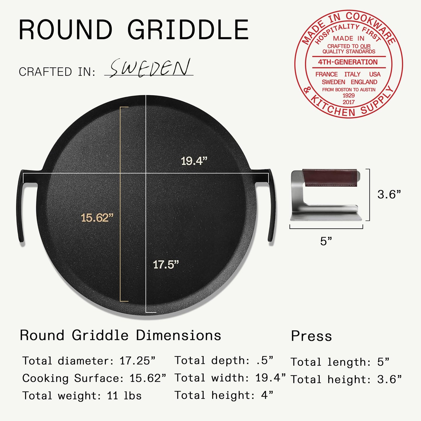 Made In Cookware | Seasoned 17" Round Carbon Steel Griddle + Grill Press - (Like Cast Iron, but Better) | Professional Cookware | Crafted in Sweden | Induction Compatible