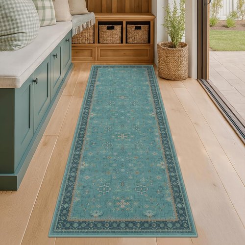 Hazo Haus Boho Kitchen Rug Runner - Teal Non-Slip Washable Design for Bathroom & Hallway