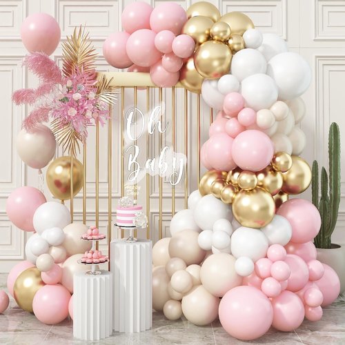Dusty Pink Beige Gold Boho Balloon Garland Arch Kit, Neutral Blush Nude Tan Champagne Gold Double Stuffed Balloon Arch Kit for Women Birthday Wedding Baby Bridal Shower Engagement Party Decorations