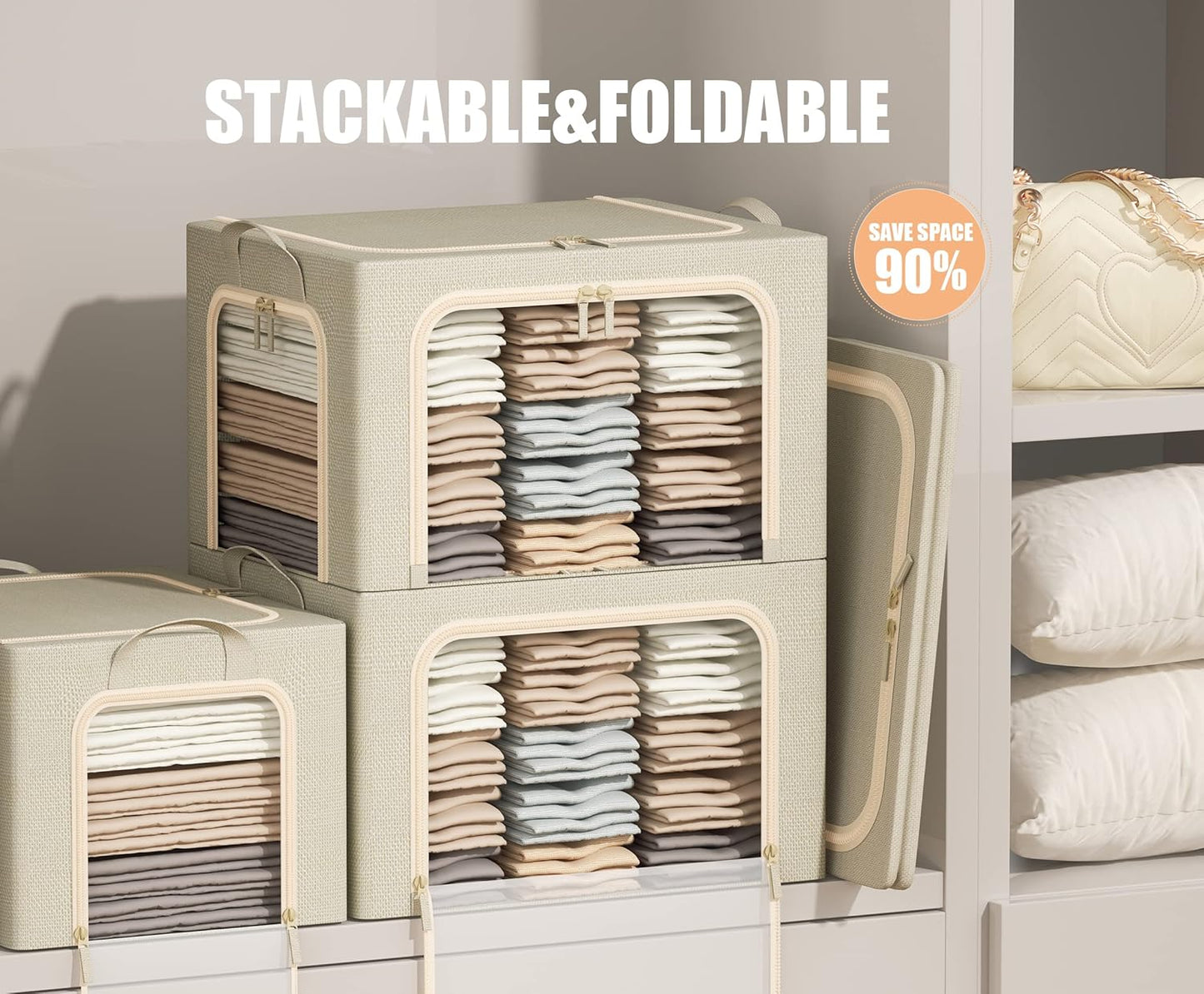 Regine Switzerland Large Clothes Storage Bins - Foldable with Metal Frame, Clear Window & Zippers | 3-Pack, Beige, 66L