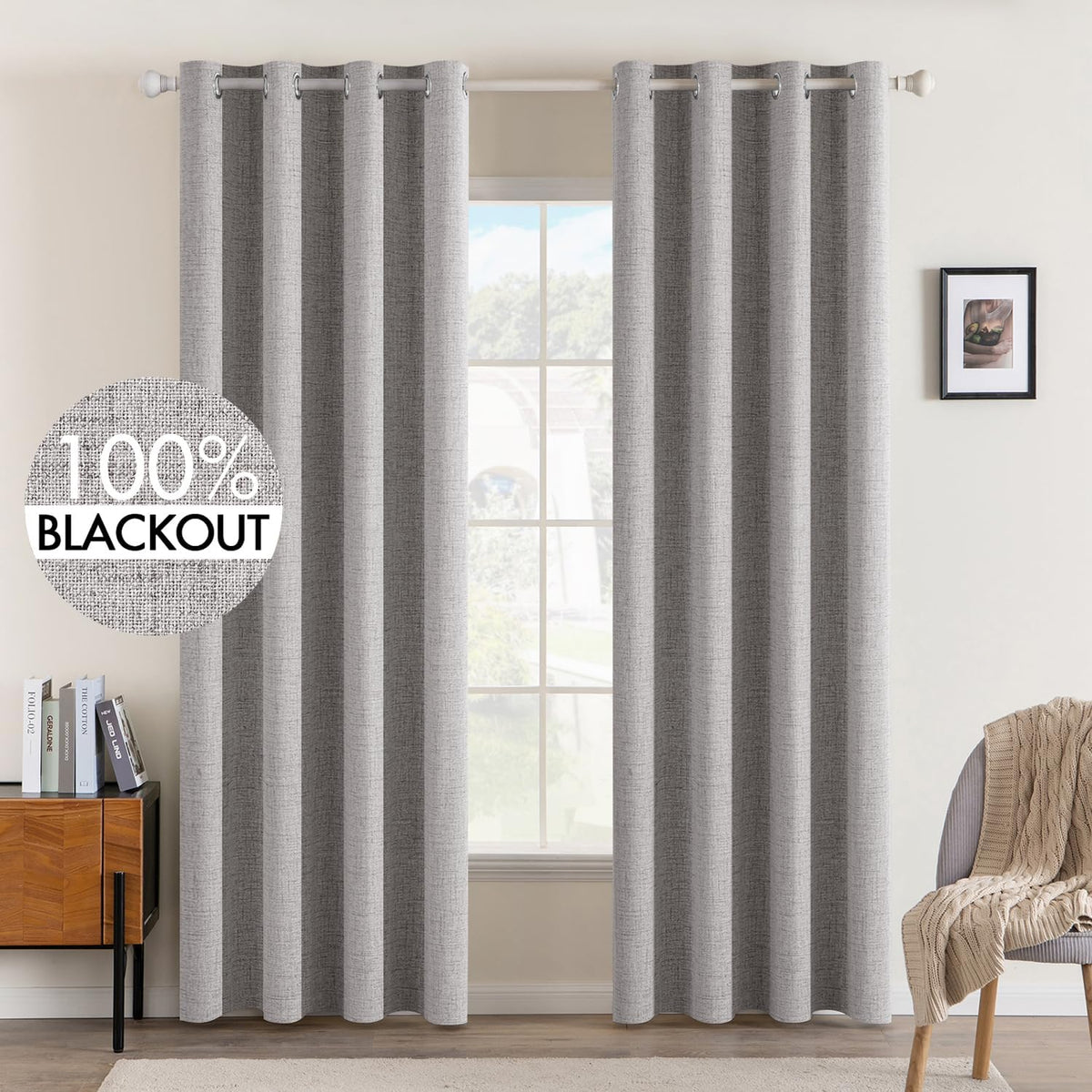 MIULEE 90-Inch Linen Texture Curtains - 100% Blackout Thermal Insulated Light Gray Drapes | 52x90 Inch (2 Panels)