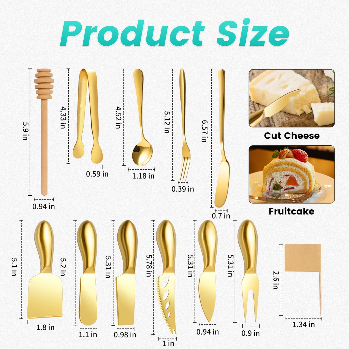 LifeMusican Gold Cheese Knife Set For Charcuterie Board Accessories, Stainless Steel Cheese Slicer And Butter Spreader knives Kit With Serving Tongs, Spoons, Forks, Flags Cheese Markers, Honey Dipper