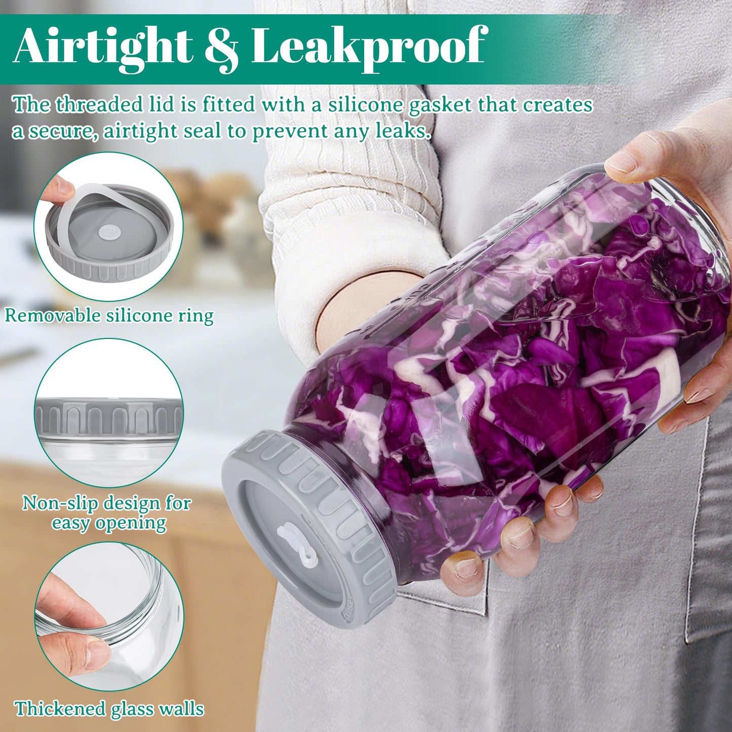 ROTESONNE 64oz Fermentation Jar Kit with Fermenting Weights and Airlock Lids, Wide Mouth Glass Jars with Scale Mark for Making and Storing Sauerkraut, Pickles (Pack of 2)