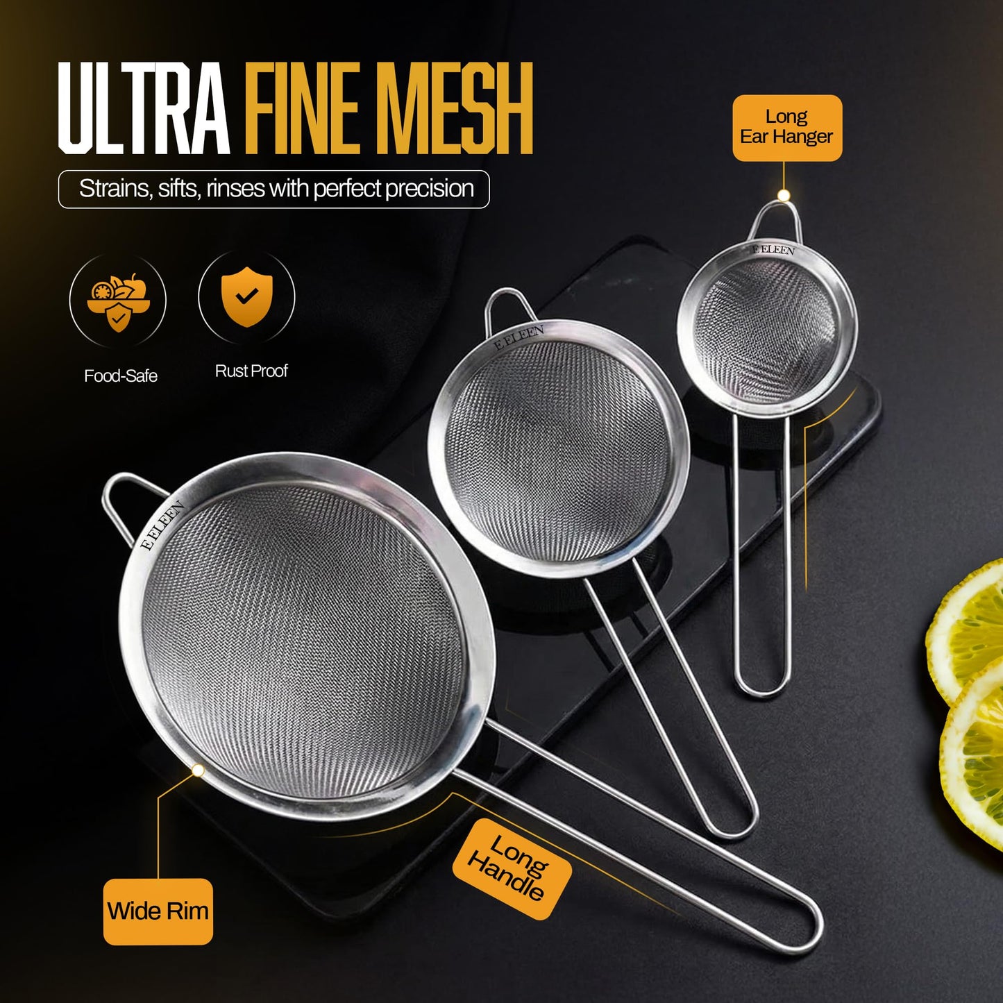 ELEEN Premium Stainless Steel Fine Mesh Strainers for Kitchen 3-Piece Set with Non-Slip Handle, Small, Medium & Large Sieves, Colanders and Sifter for Sifting, Straining, Pastas Tea, Rice Vegetables