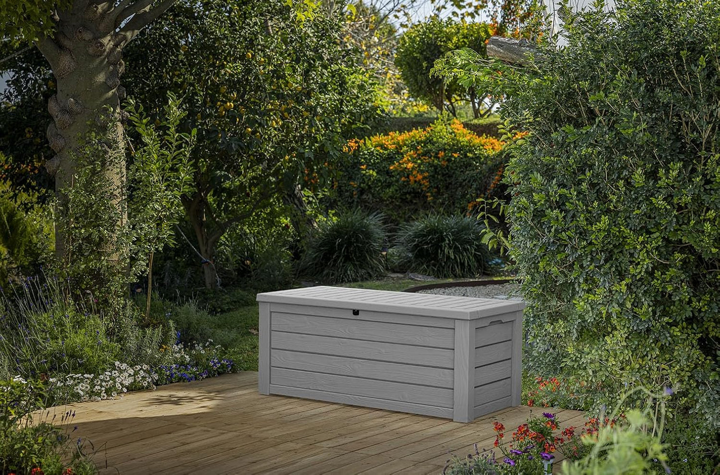 Keter Westwood 150 Gallon Outdoor Storage Box - Durable Resin for Patio Furniture & Garden Tools | Light Grey