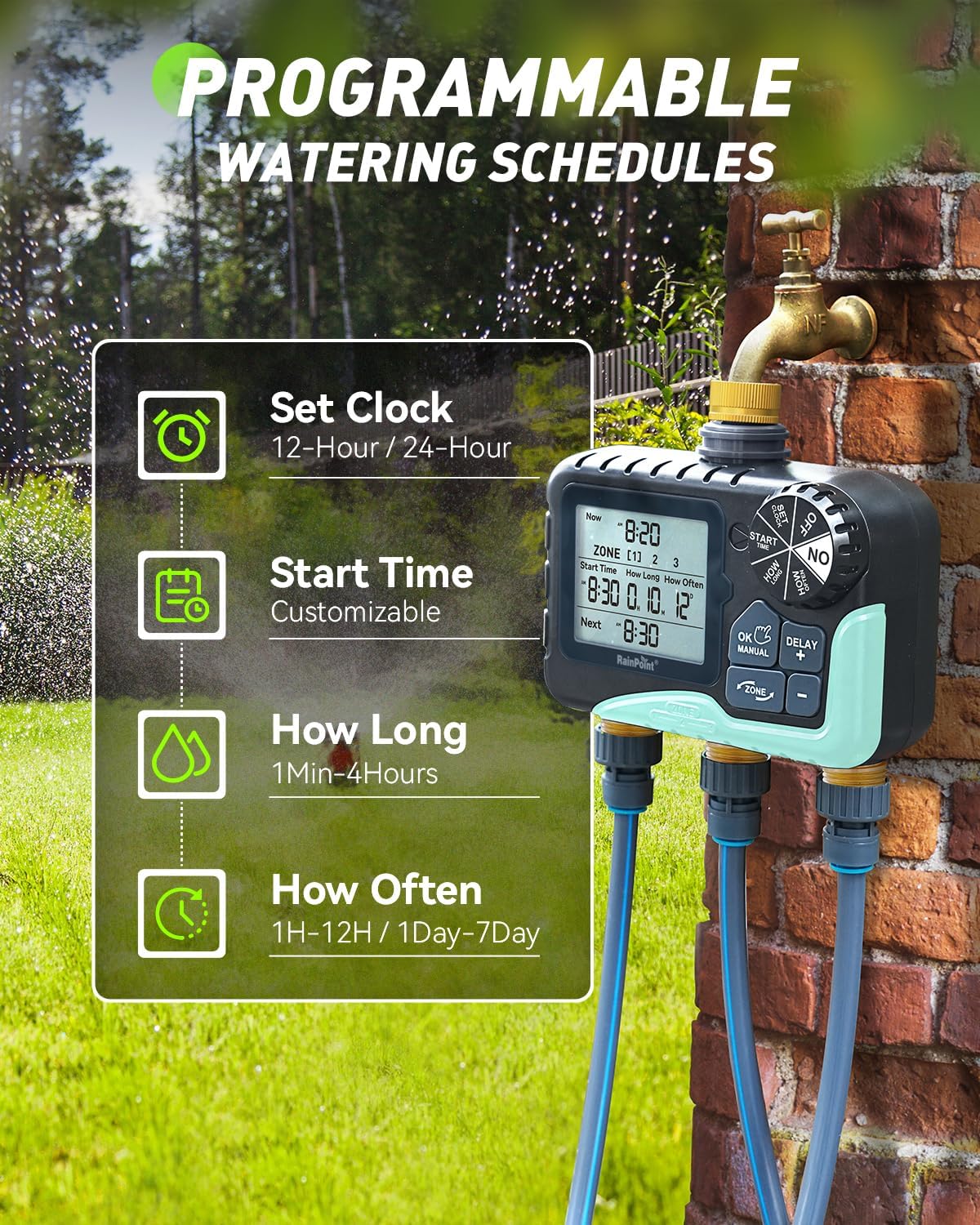 RAINPOINT 3-Zone Water Timer - IP65 Waterproof, Customizable Sprinkler Plans, Large LCD Display