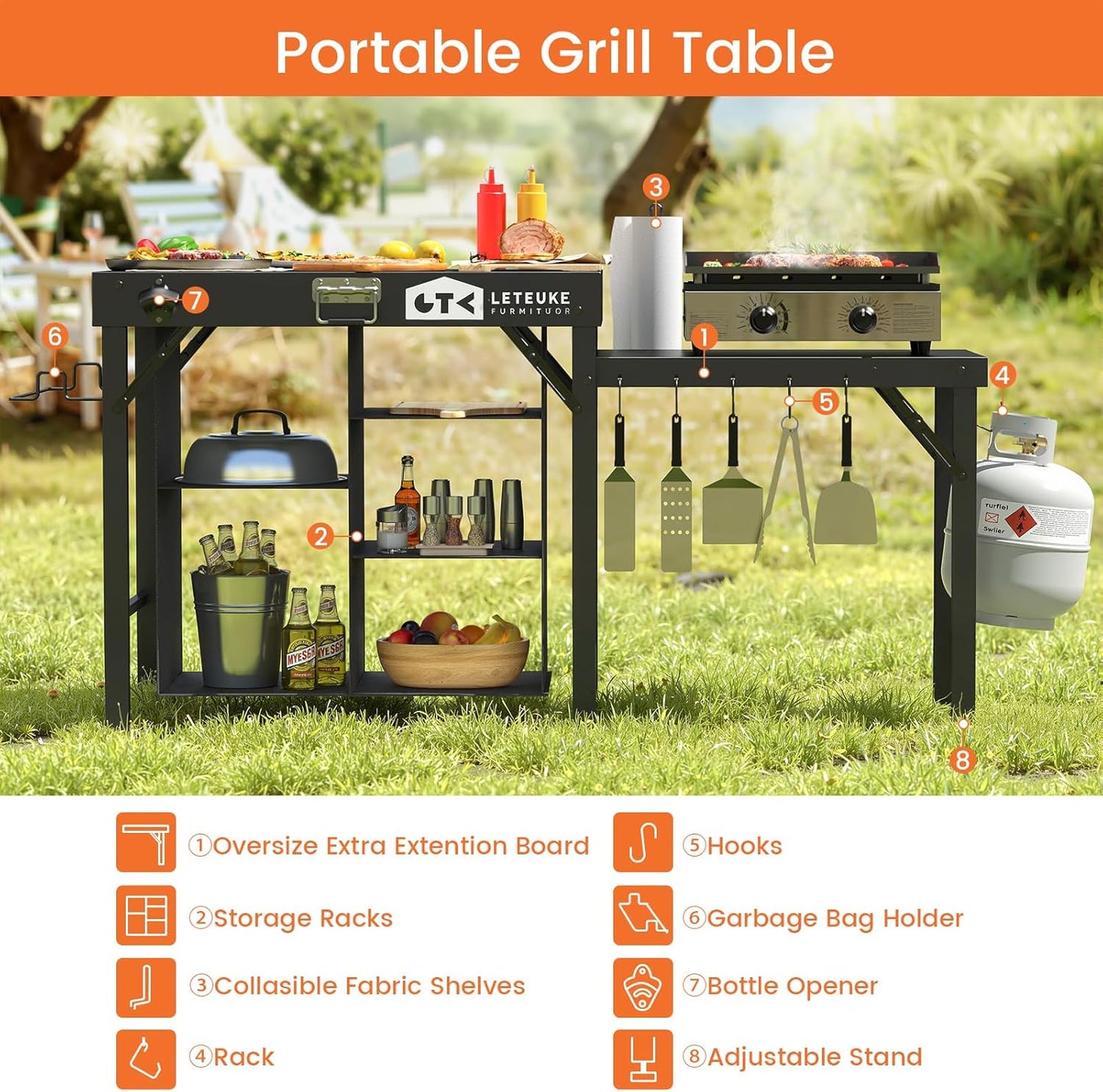 Leteuke Portable Grill Table - Foldable Design with Storage for Blackstone & Ninja Griddles | Perfect for Outdoor BBQs, Camping & Picnics