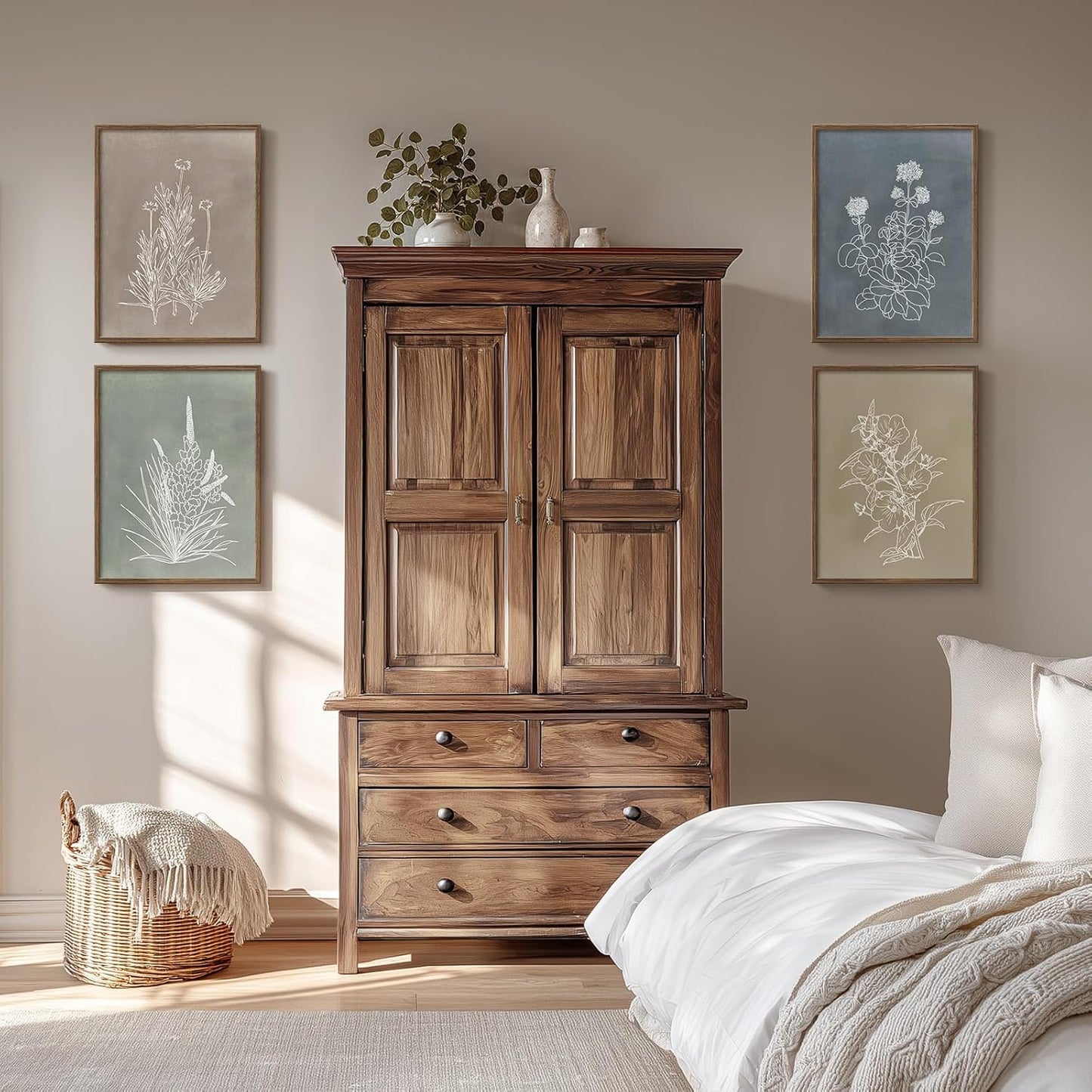 Skiennix Framed Boho Botanical Wall Art - 4 Piece Rustic Floral Canvas Prints for Modern Decor