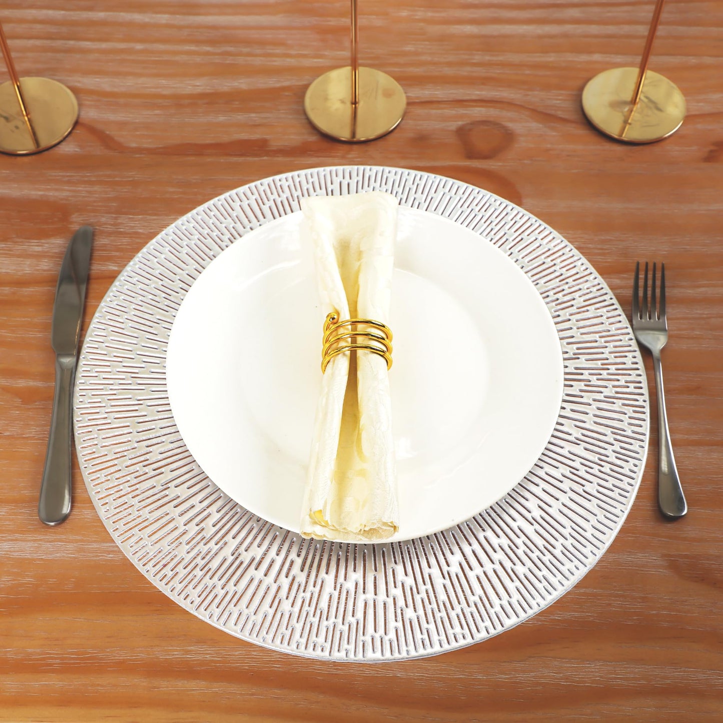 Snowkingdom Silver Round Placemats Set of 6, 15 Inch Metallic Pressed Vinyl Place Mats, Easy Clean Non Slip Heat Resistant Washable PVC Hollow Out Table Mats for Dinner Party Table Decoration