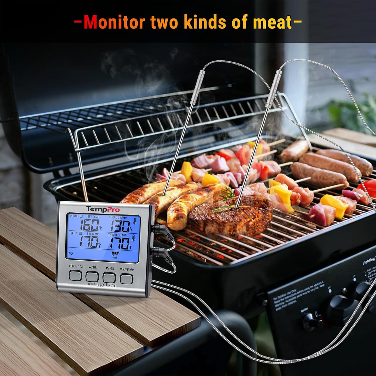 TempPro TP17 Dual Probe Digital Meat Thermometer - Large LCD Backlight & Timer Mode for BBQ, Silver