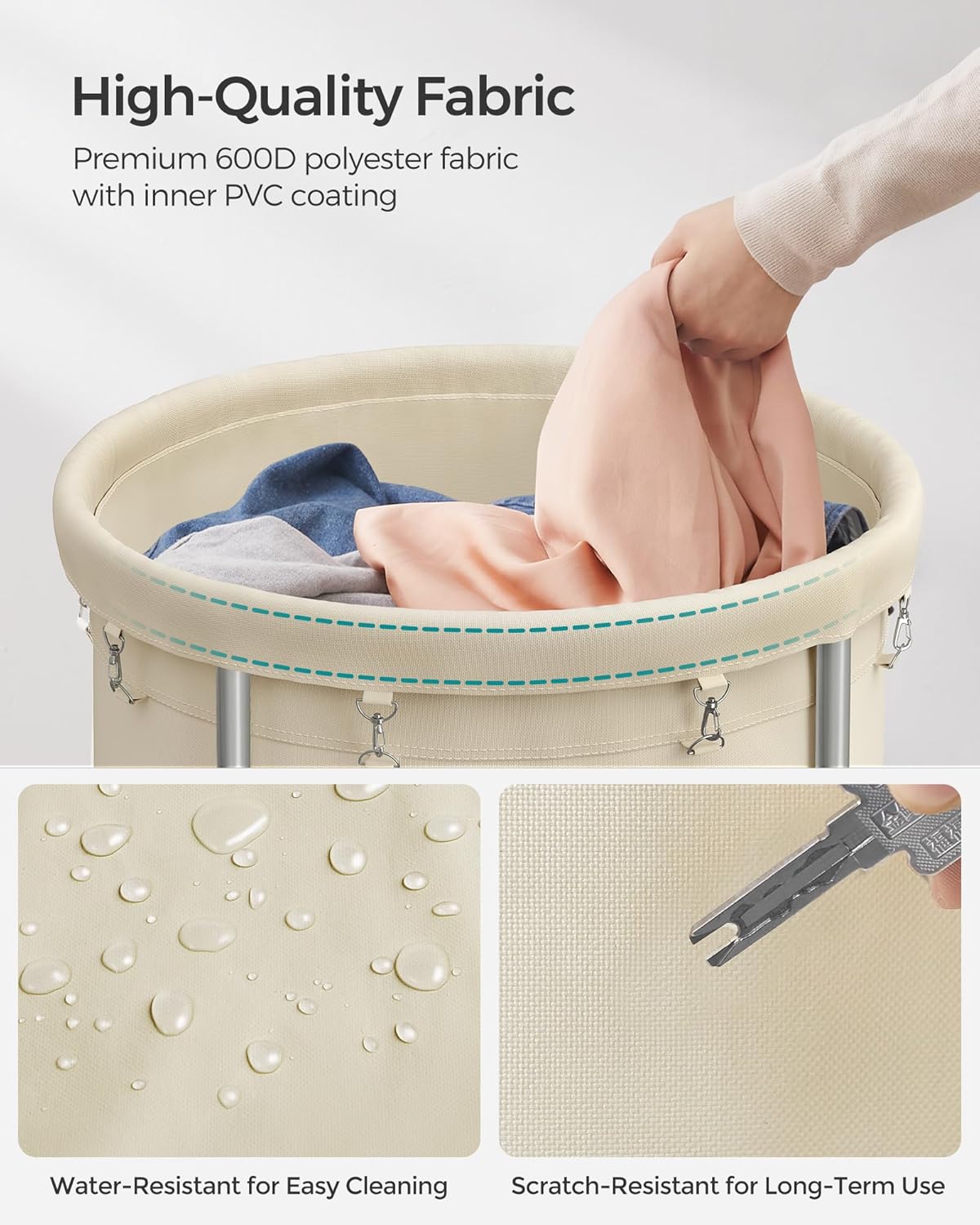 SONGMICS Laundry Basket - 50.2-Gallon Rolling Hamper Cart with Steel Frame & Removable Bag - Cream White & Metallic Silver