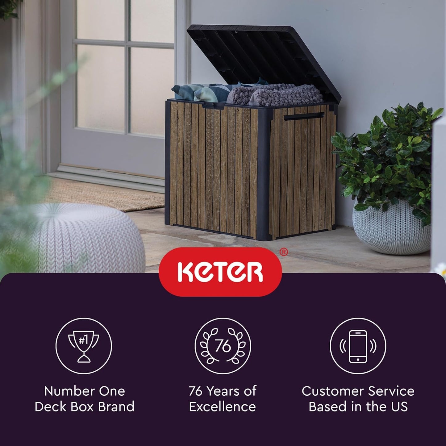 Keter Signature Everwood 30 Gallon Outdoor Storage Box - Stylish Patio Furniture & Garden Organizer, Walnut