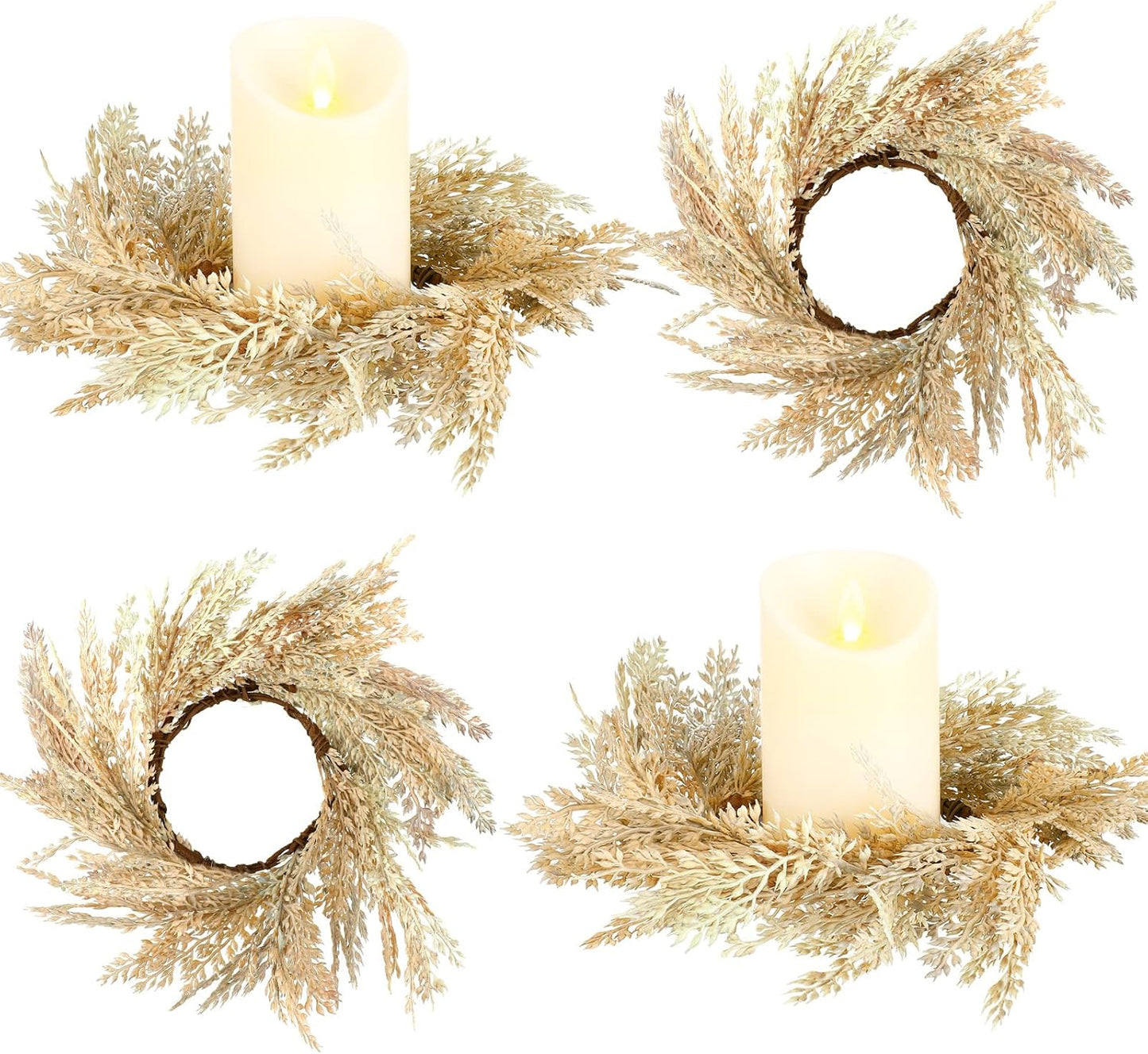 Panelee Pampas Grass Candle Rings - 4 Pcs Faux Greenery Wreaths for Boho Home Decor | 3.9 Inch