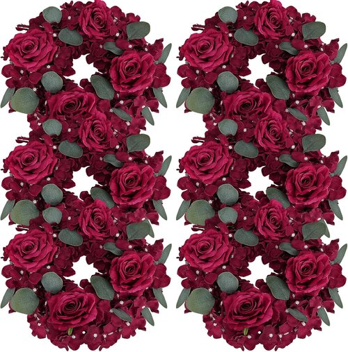Artificial Flower Candle Rings - 6-Inch Burgundy Rose Wreaths with Butterflies for Wedding & Christmas Decor
