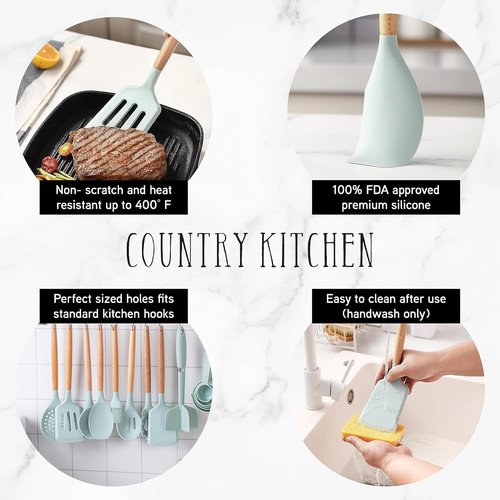 Country Kitchen Non-Stick Silicone Utensil Set - 38 Piece Cooking & Baking Tools in Mint