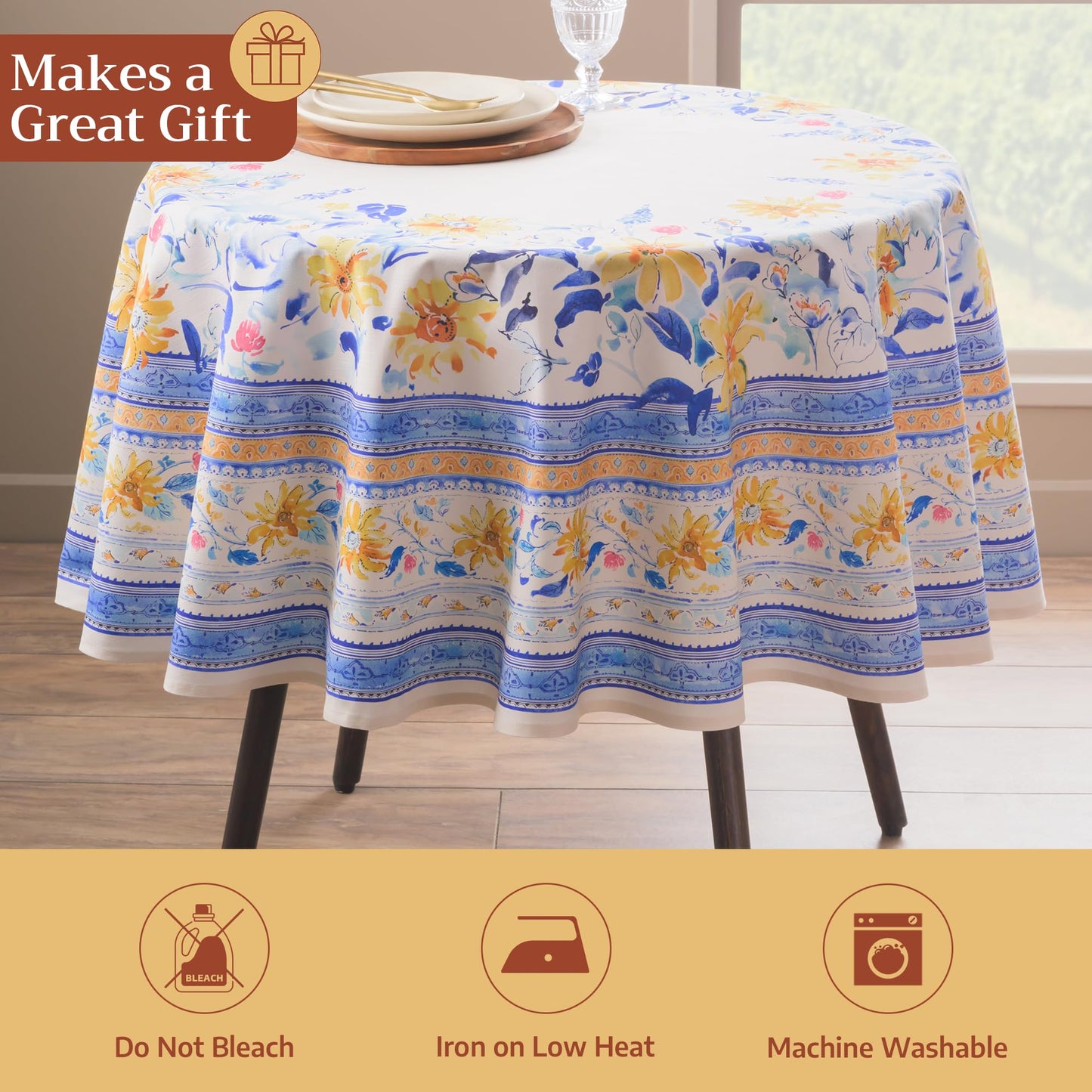 Maison d' Hermine Table Cloth Round Table 100% Cotton 69 Round Inches Tablecloth Reusable Decorative for Dining Kitchen Room Farmhouse Home Gifts for Mothers Day Spring Summer - Girassol