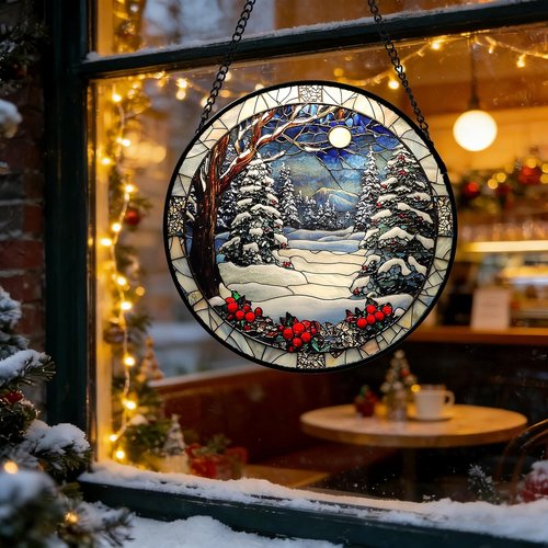 DASTOLL Stained Glass Window Hanging | Christmas Tree Winter Snow Night Suncatcher - 9.8" Home Decor Gift
