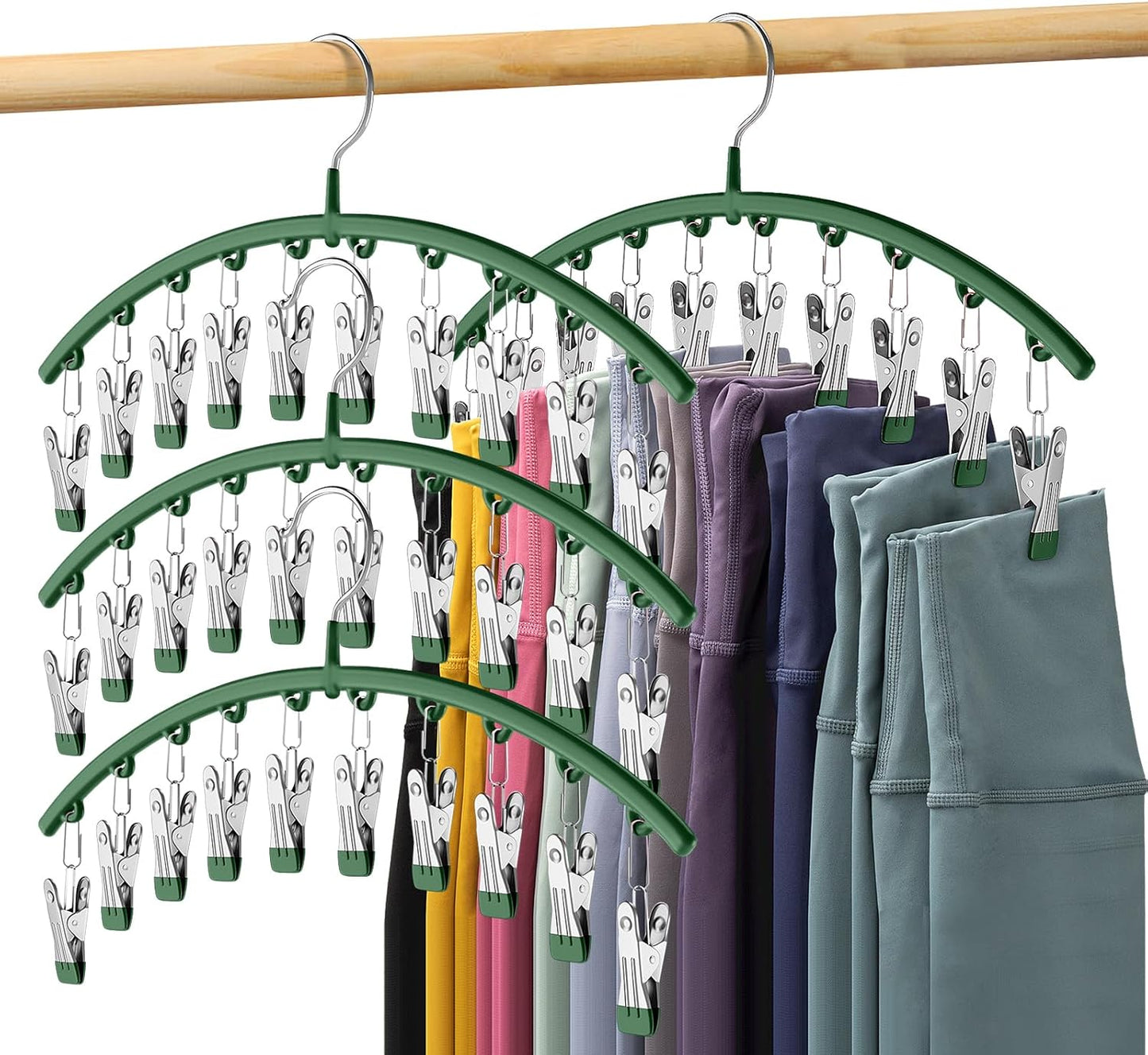 Skiennix Legging Organizer - Metal Yoga Pants Hangers with 10 Clips | Space-Saving Closet Storage, Green - Holds 40 Leggings
