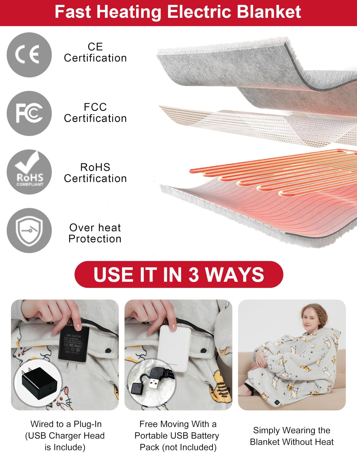 KFUBUO Heated Electric Wearable Blanket Throw Battery Operated Portable USB Cordless Outdoor Hoodie Sweatshirt (Heated Blanket Cats)