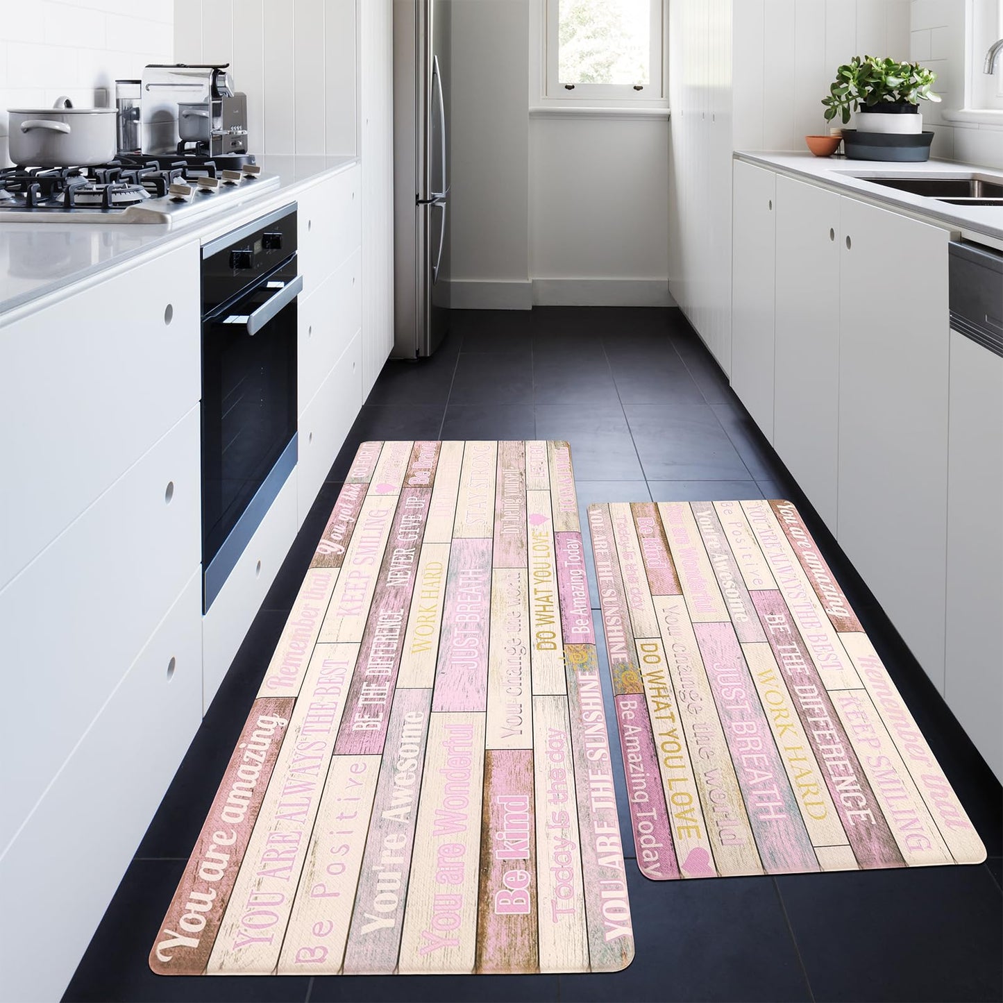 PCSWEET HOME Inspirational Positive Quotes Kitchen Mats for Floor Pink Anti Fatigue Mats for Kitchen Floor Cushioned Waterproof Pink Kitchen Decor Set