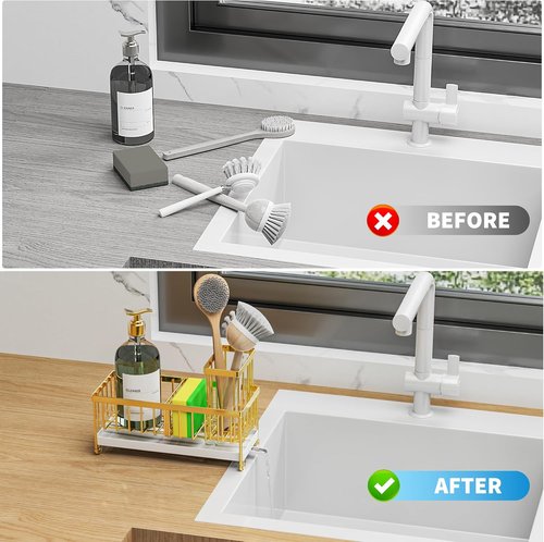 Cisily Sponge Holder - Rustproof 304 Stainless Steel Kitchen Sink Caddy Organizer | Gold, 9.25”