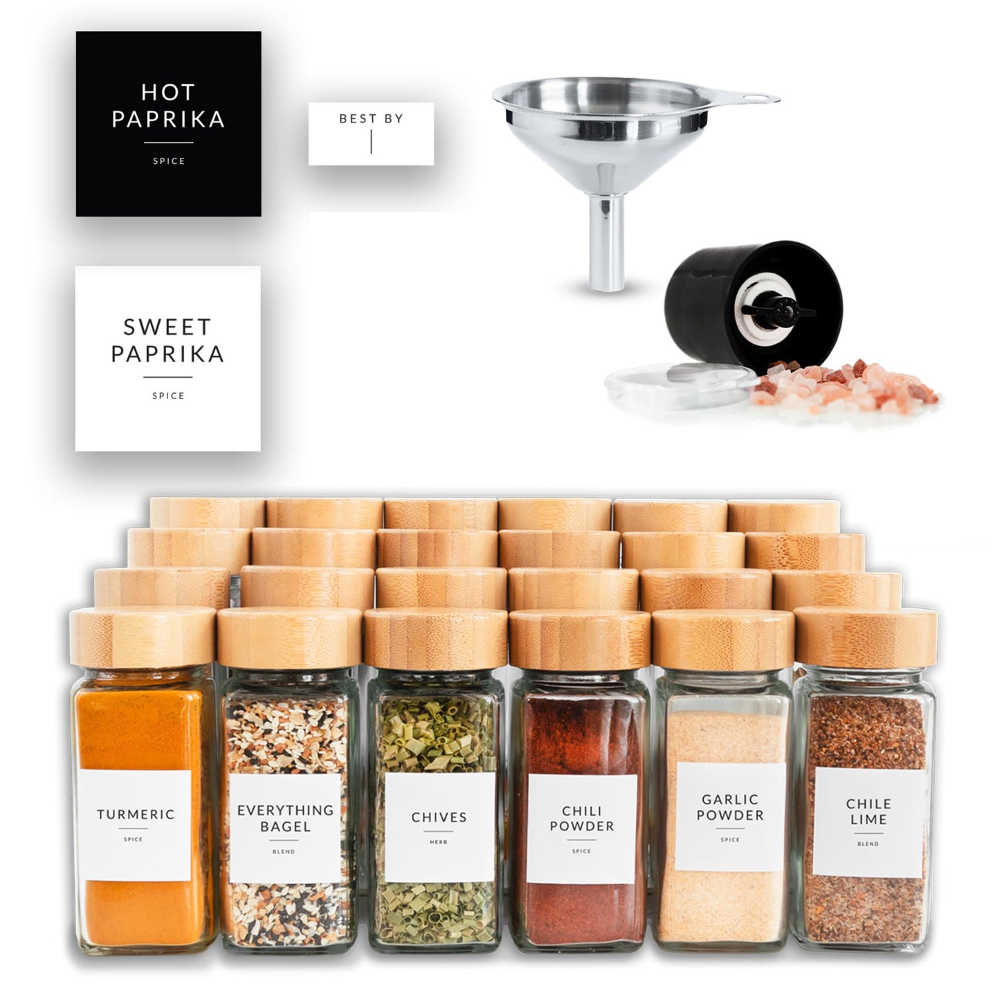 SAVVY & SORTED Glass Spice Jars with Label, 24PK Bamboo Jar Spices Set 4oz, 374 Spice Labels, Pepper Grinder, Empty Herb Seasoning Containers, Funnel and Shaker Lids
