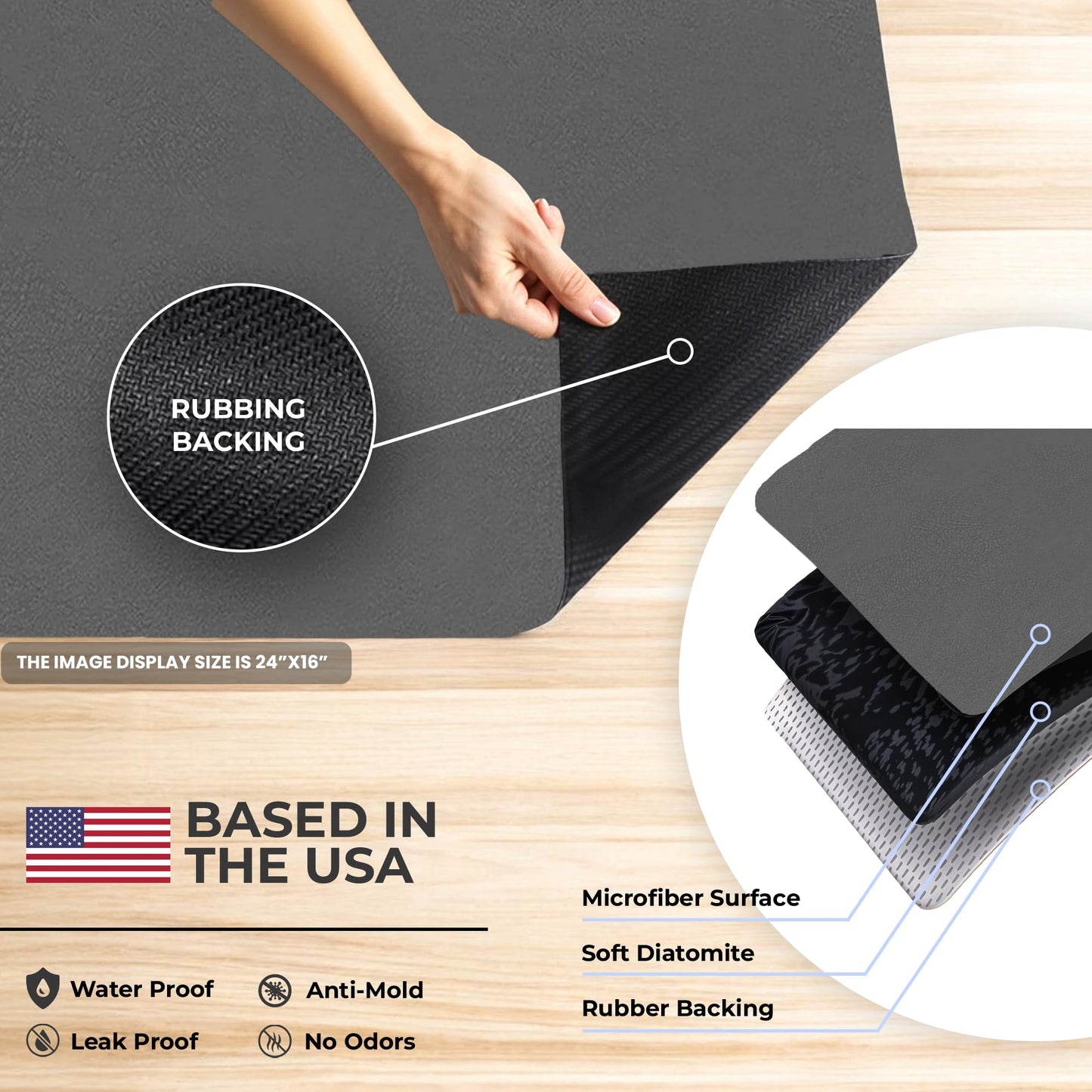 STRABELLA Dish Drying Mat Super Absorbent – 16" x 12" Coffee Mat for Countertops – Non-Slip Drying Mat for Kitchen Counter – Easy to Clean Water Absorbent Mat – Quick Dry Dish Drying Mats (Dark Gray)