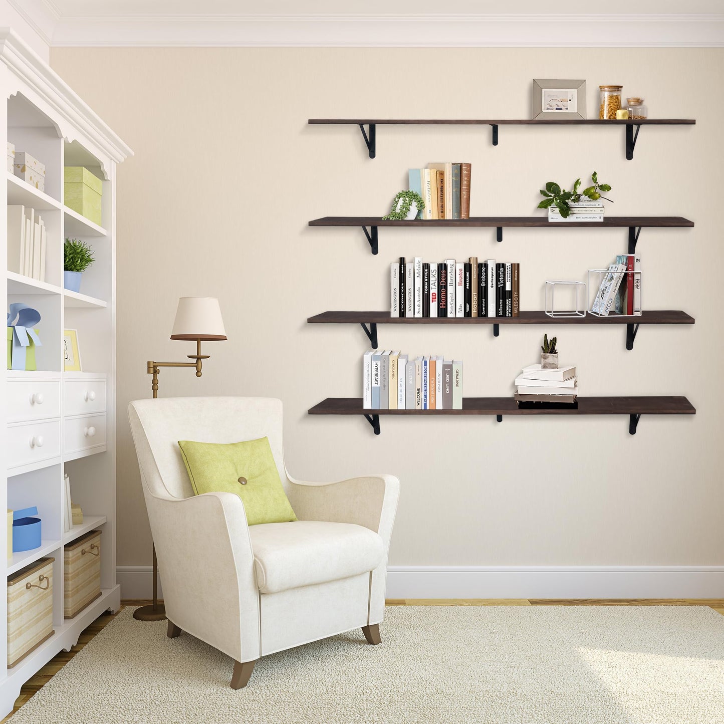 Huiyiaus Long Floating Shelves for Books,Wall Hanging Bookshelf Set of 4,Rustic Wall Mount Book Shelf Wood Extra Large for Livingroom Bedroom Kitchen Bathroom Home Office Decor,47 Inches(Dark Brown)