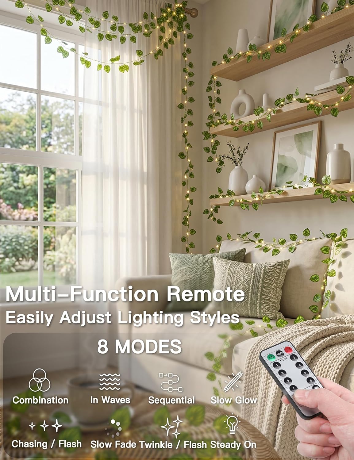 Suddus Vines with Fairy Lights - 33ft 100 LED Watermelon Leaves String Lights | Battery & USB Powered, Remote Control for Indoor Decor
