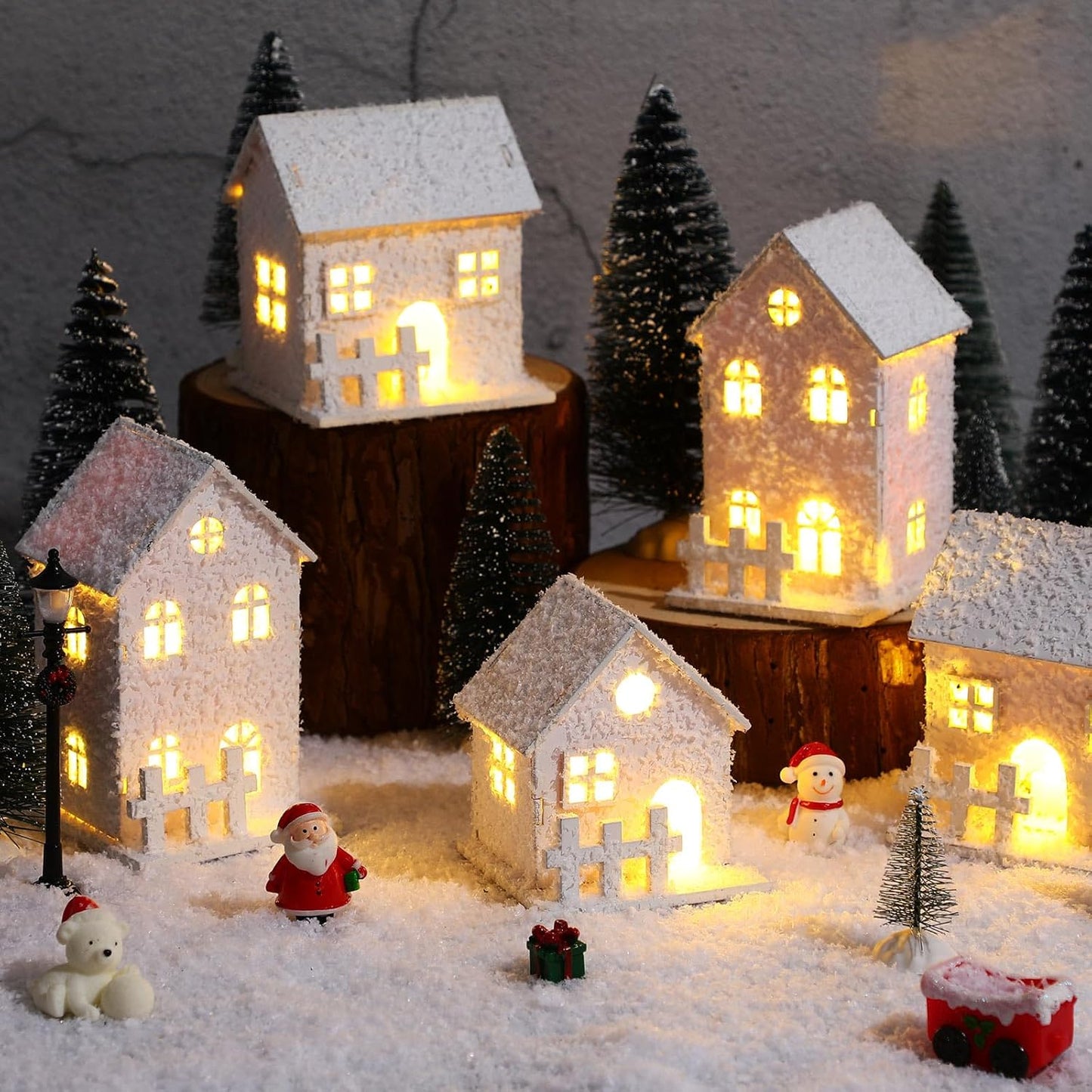 Kajaia Christmas Winter Village Set - 12 Houses with LED Lights & Trees | Cute White Figurines