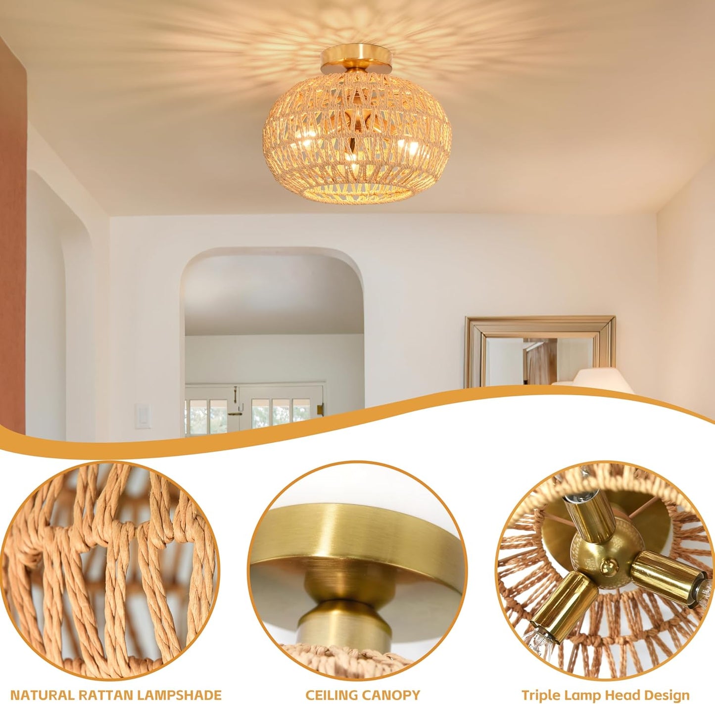 11.8" Rattan Light Fixture 3-Lights Boho Semi Flush Mount Ceiling Light Rattan Close to Ceiling Light Farmhouse Light Fixtures Ceiling with Handwoven Shade for Farmhouse Foyer