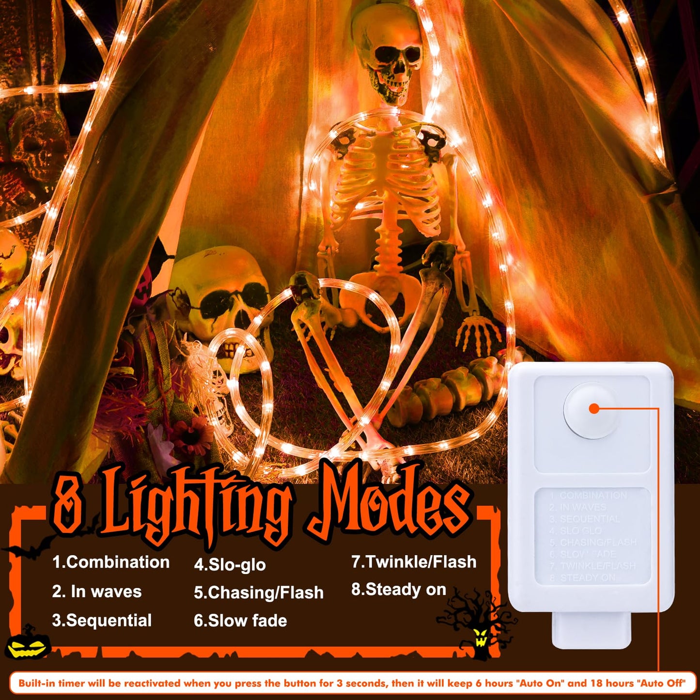 50ft LED Rope Lights Outdoor, 360 LED Connectable and Flexible Tube Lights with 8 Modes, Waterproof Indoor Outdoor LED Rope Lighting for Deck, Garden, Pool, Patio, Party, Holloween Decoration (Orange)