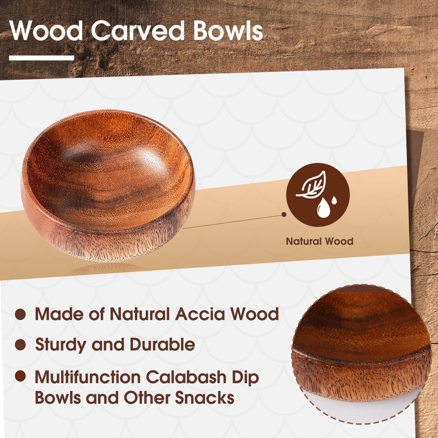 Skylety 6 Pcs Acacia Wooden Bowls Small Calabash Bowls Round Wood Salad Hand Carved Calabash Dip Tray for Serving Popcorn Pasta Coconut Nuts Sauce Appetizers Home Kitchen (4 Inch)