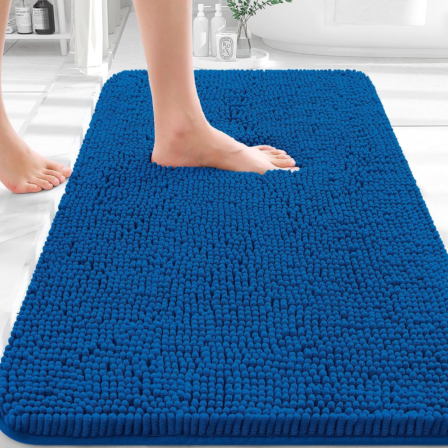 OLANLY Bathroom Rugs - Extra Soft Chenille Bath Mats with Rubber Backing | 36x24, Deep Navy Blue, Quick Dry & Machine Washable
