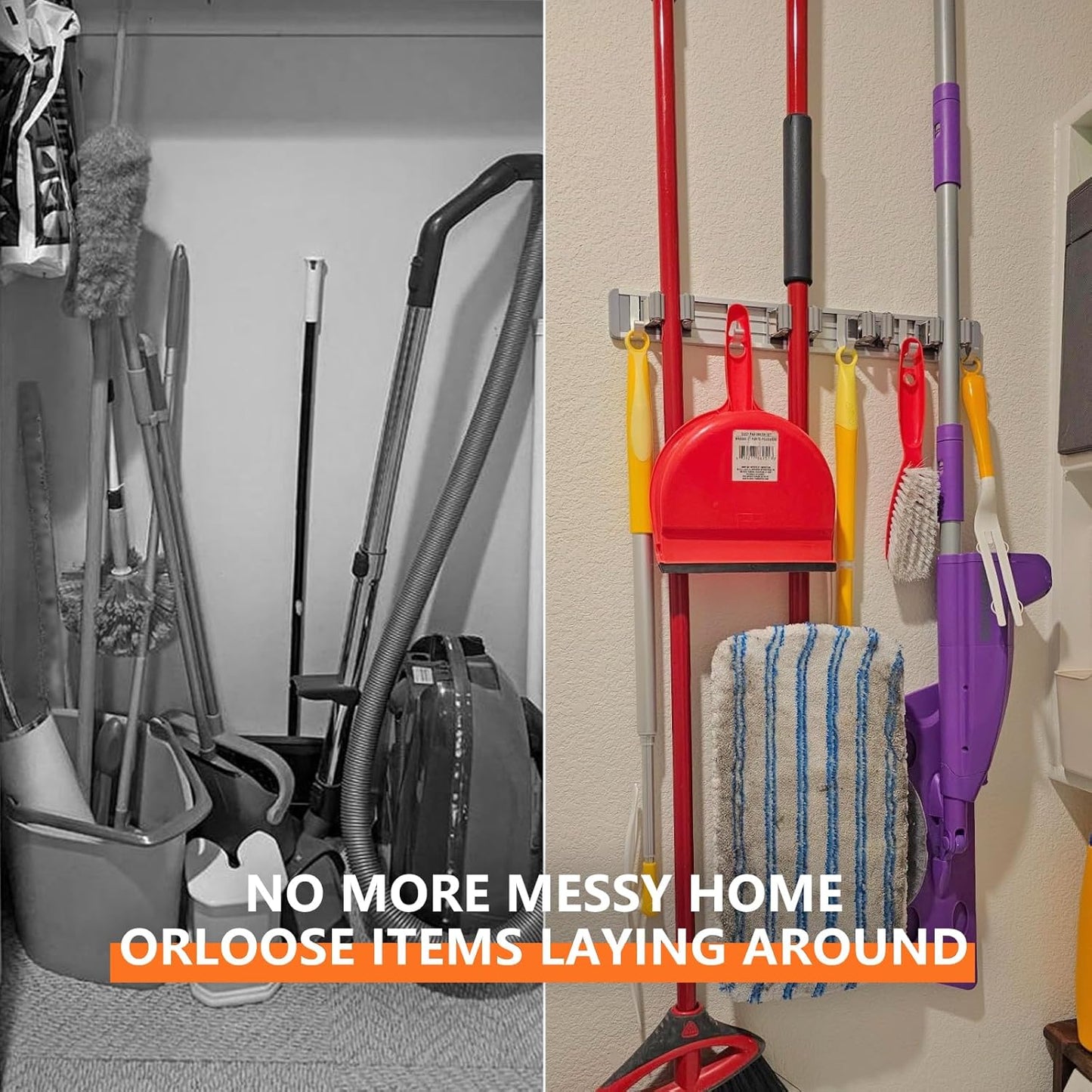 Reliahom Broom Holder Wall Mount - 2 Pack with 5 Racks & 4 Hooks for Garage, Kitchen, Garden, Laundry Room