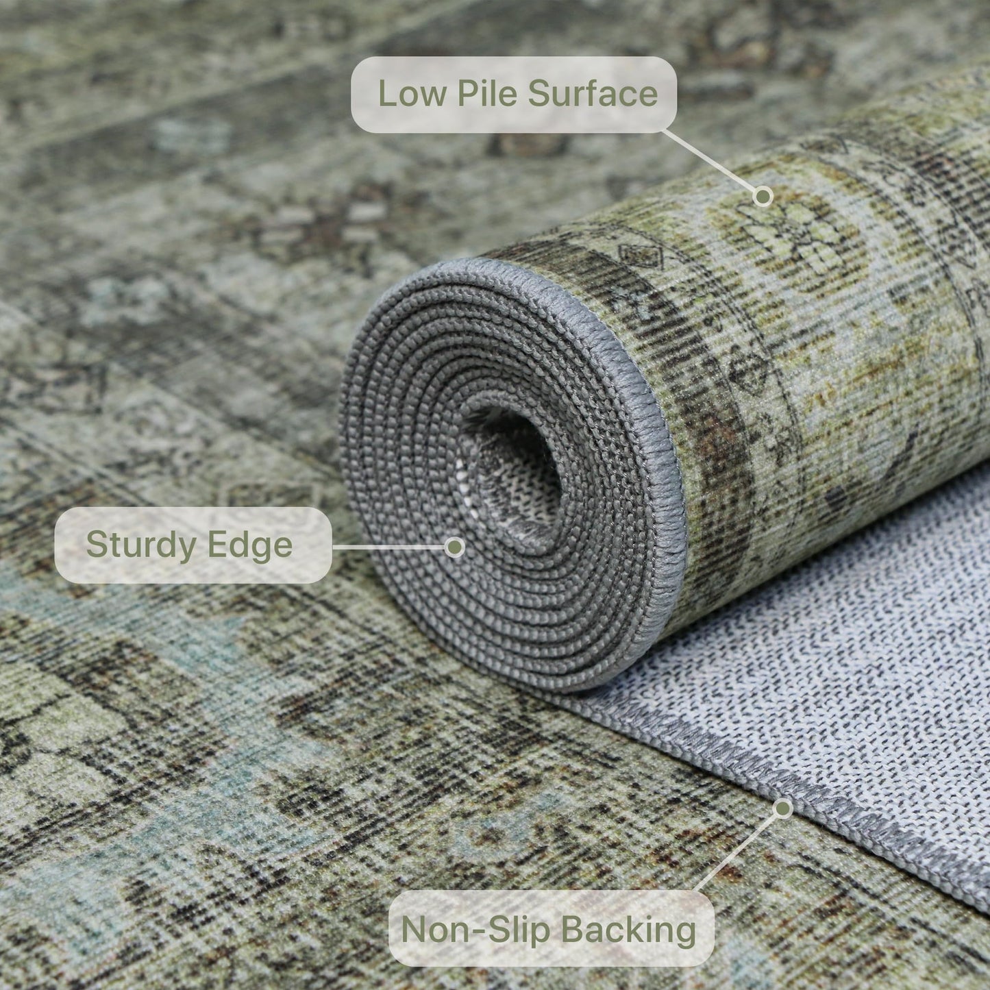 BEIMO Runner Rug 2x12 for Hallway Living Room Bedroom, Washable Thin Chenille Rug, Print Vintage Tribal Aesthetic Carpet, Low Pile Mat with Non Slip Rubber Backing, Distressed Sage