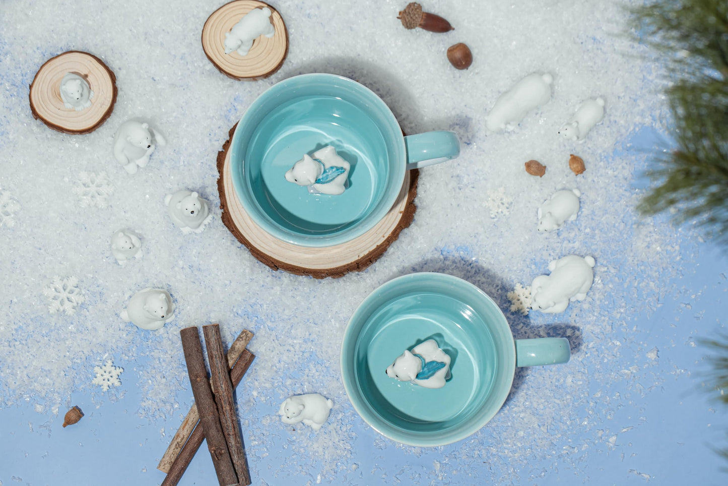 DIHOclub Skiing Polar Bear Ceramic Cup Hidden Animal Inside Mug Cute Cartoon Handmade Figurine Mugs,Holiday and Birthday Gift for Coffee Milk Tea Lovers,12 OZ(Blue White)