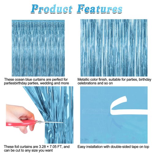 2 Pack Party Decorations, 3.28 FT x 7.05 FT Fringe Backdrop, Metallic Ocean Blue Foil Fringe Curtains Party Streamer Foil Backdrop, Light Blue Birthday Decorations Bachelorette Decor